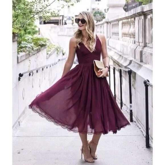 Dress the Population Alicia Mixed Media Midi Dress Burgundy Wine M - Picture 8 of 10